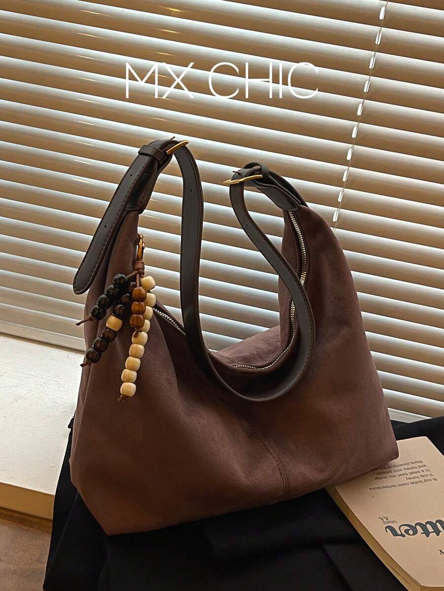 1件女款時尚新款百搭裂紋圖案純色大容量單肩斜挎餃子包,月牙包,適合辦公通勤、購物、度假禮物 - 咖啡棕 - 查看 1