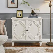 33.6" Retro Wooden Sideboard With Storage, Symmetrical Display Cabinets With Geometric Accents, Media Console For Living Room/Hallway/Dining Room/Kitchen, Antique White - View 2