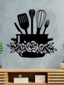 Rustic Black Metal Wall Art With Floral And Tableware Pattern - Easy To Install, Durable Kitchen Decor - Black - View 6