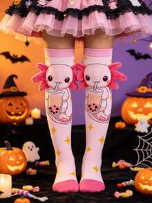 1 Pair Cute 3D Salamander Knee-High Socks For Kids, Fun Cartoon Long Socks, Girls Back To School Autumn, Halloween, Thanksgiving, Christmas Children's Gift - Multicolor - View 4