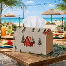 1pc Multifunctional Tissue Box, Winter Landscape Design - Red Barn Snow Scene Durable Polyester Storage Organizer, Suitable For Christmas Home Decor, Living Room, Bedroom, Kitchen, Home Decoration, Party Supplies - Multicolor - View 1
