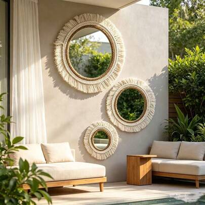 1pc Bohemian Handmade Woven Garden Decorative Mirror, Tassel Hanging Mirror, Woven Hanging Mirror, Homestay Wall Decor, Beige Tassel Decorative Mirror, Suitable For Garden, Yard, Homestay, Living Room Decor, Room Decor, Home, Bedroom Decor, Holiday Decor, Halloween, Christmas