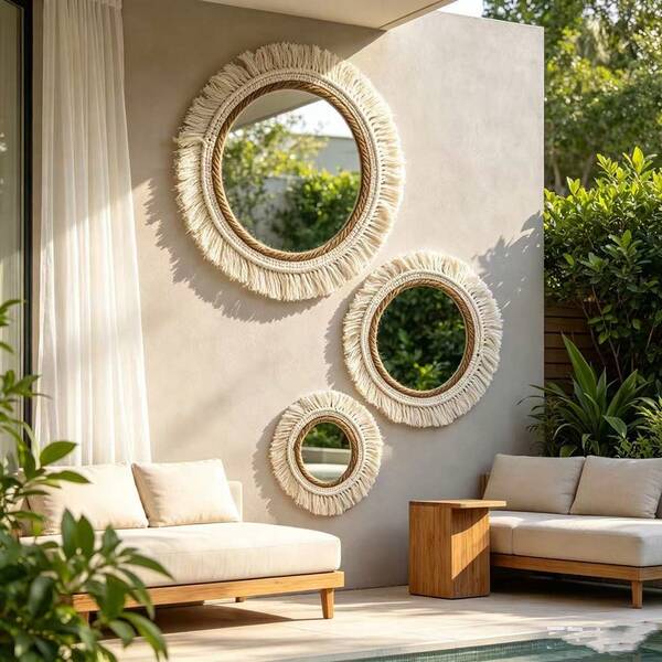 1 stuk handgemaakte geweven bohemien decoratieve spiegel voor in de tuin, hangspiegel met kwastjes, geweven hangspiegel, wanddecoratie voor vakantieverblijf, beige decoratieve spiegel met kwastjes, geschikt voor tuin, erf, vakantieverblijf, woonkamerdecoratie, kamerdecoratie, huis, slaapkamerdecoratie, vakantiehuisdecoratie, Halloween, Kerstmis