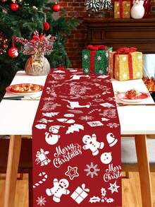 1pc Red Christmas Polyester Table Runner,White Snowman Reindeer Print Tablecloth,Rectangle Table Cloth For Winter Family Gathering Dinner Party Decor - Multicolor - View 6
