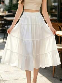 1PC Versatile Soft Mid-Calf A-Line Loose Fit Skirt, Flattering For All Leg Types White - White - View 6