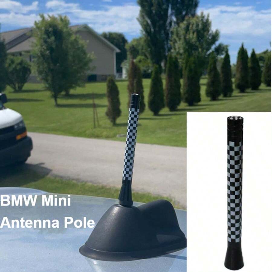 TRTY 1pc Universal Black & White Checkered Racing Short Car Antenna, AM/FM Radio, With M5/M6/M7 Brass Adapter Screws, Roof Antenna For Mini All Models, Chevrolet, GMC Sierra, Kia, SUV, Sedan, Truck, Exterior Racing Style Accessory
