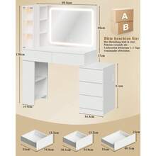 Devoko Vanity Table With LED Mirror, Dressing Table With 5 Drawers, 3 Illuminated Display Cabinets, Open Shelves, Bag Storage, Power Panel, And Selectable Chair Combination, White - 查看 11