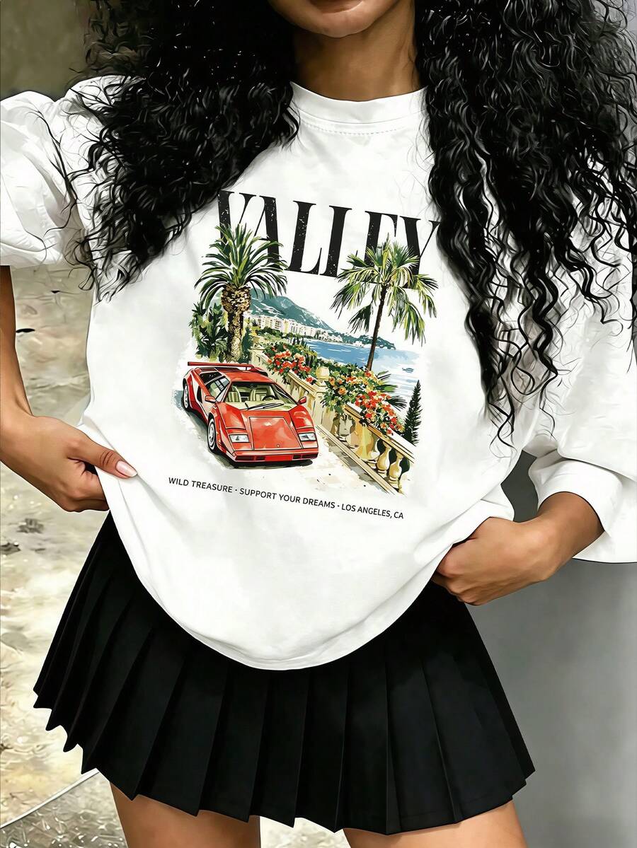 [1pc]Teen Girls Red Sports Car Palm Tree Landscape Valley Letter Print ...