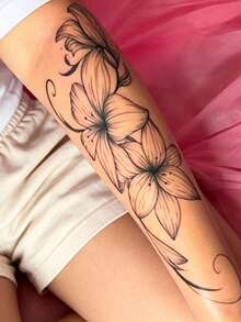 2pcs Lily Temporary Tattoo Sticker Set, Black & Gray And Red Gradient Sketch Floral Vine Body Tattoos, Waterproof Long-Lasting Large Size Arm & Shoulder Tattoos, Suitable For Women, Holiday, Halloween Party, Cosplay - Multicolor - View 5