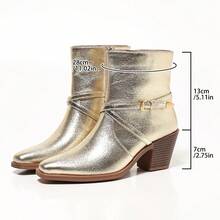 Women's Gold Strap Buckle Side Zipper Chunky Heel Square Toe Comfortable Versatile Office Commute Daily Vacation Spring Autumn Fashion Ankle Boots - Gold - View 8