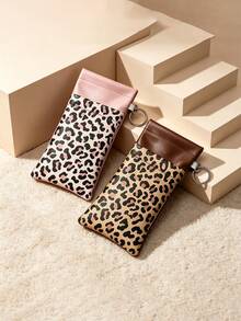 1pc Auto Squeeze Close Glasses Pouch Leopard Print PU Leather Portable Fashion Glasses Case With Keyring 3 Colors Eyewear Storage Bag For Women Daily Use ﻿ - Multicolor - View 3