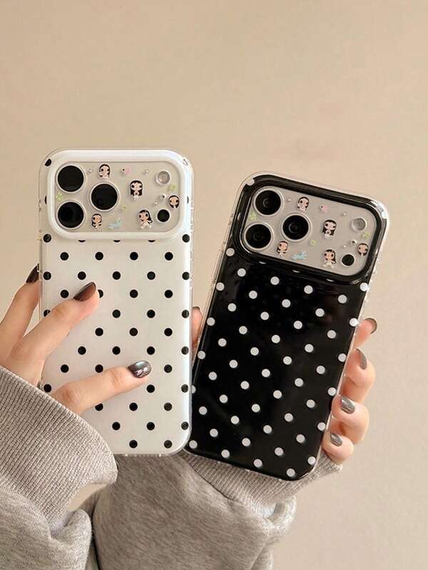 1PC Minimalist Black & White Polka Dot Cartoon Little Jade Lens Phone Case, Creative Double-Layer Anti-Drop Phone Cover, Compatible With Apple 17/17Air/17Pro/17Promax, 16/16Plus/16Pro/16Promax, 15/15Plus/15Pro/15Promax, 14/14Plus/14Pro/14Promax, 13/13Pro/13Promax, 12/12Pro/12Promax, 11/11Pro Max, Dust-Proof, Popular