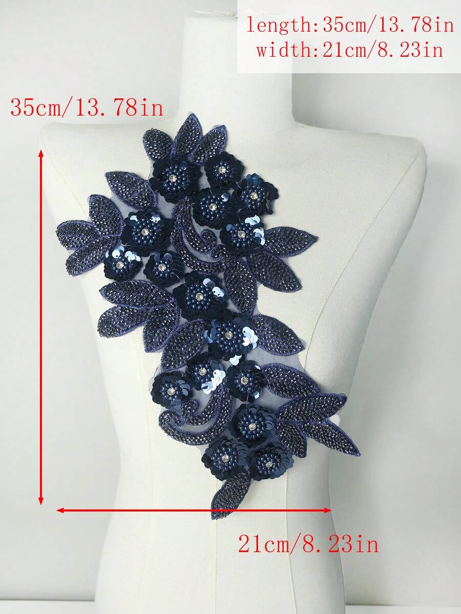 BNH1463 熱銷珠飾與水鑽貼花蕾絲飾邊布料，DIY手工服飾與家居紡織配件，新款3D花卉亮片設計，寬度：21cm