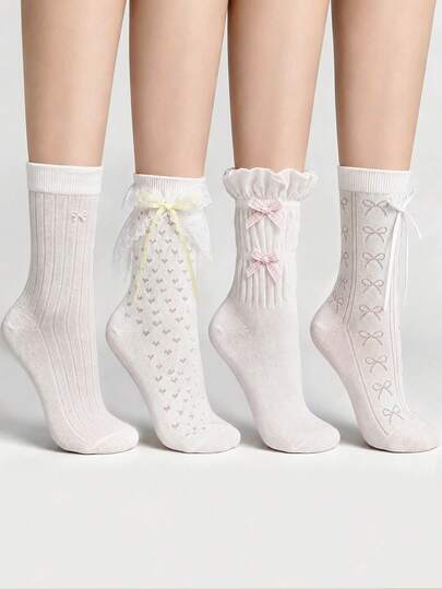 1/2/3/4 paires de chaussettes mi-mollet blanches & bleues pour femmes avec nœud papillon en dentelle, chaussettes mi-mollet mignonnes & douces polyvalentes