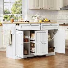 Mobile Kitchen Island With Foldable Countertop, Serving Cart And Storage Cabinet, With 2-Tier Vertical Drawers, 2 Large Drawers And Lockable Casters, 120 * 45 (70) * 92 Cm. - Natural+White - View 2