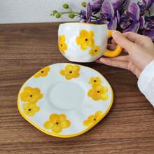 Set Cangkir dan Piring Keramik Underglaze Motif Bunga Lukis Tangan 300ml, Set Cangkir Teh Sore & Set Cangkir dan Piring Kopi - Pola bunga berwarna oranye-kuning - View 5