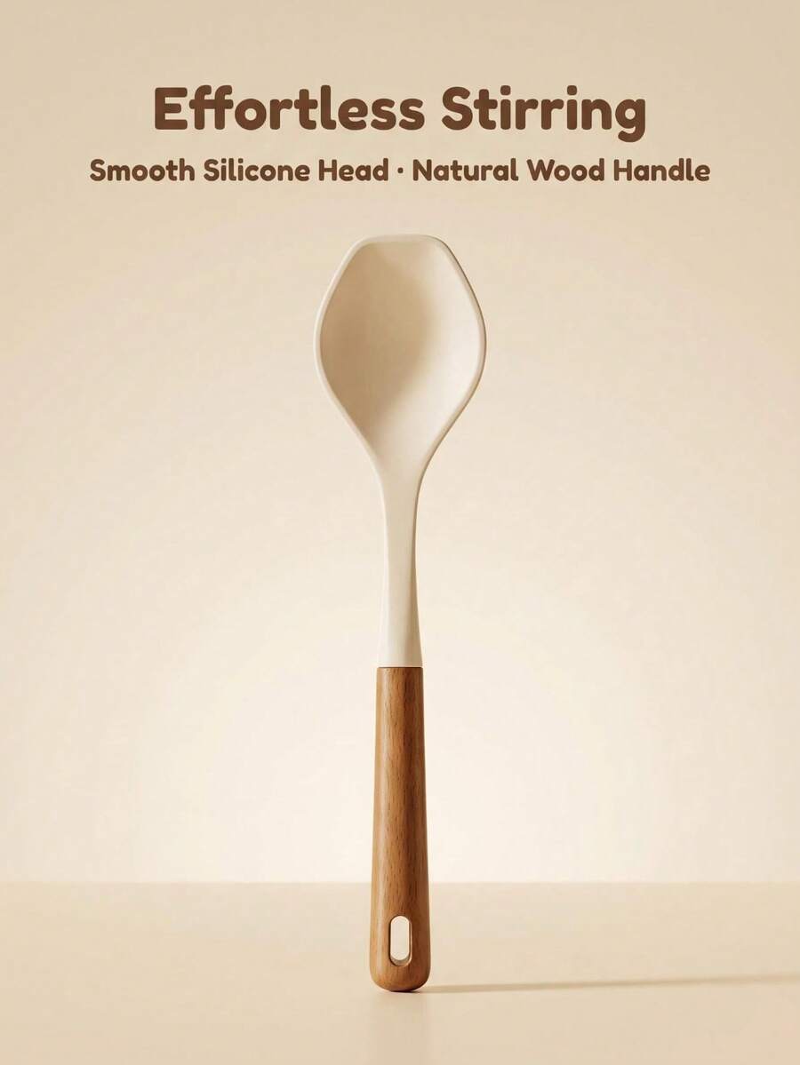Silicone Soup Spoon: Natural Wood Heat-Insulating Handle + Off-White Silicone Spoon Head. No Residue. Suitable For Soup, Stir-Fry, Sauce Mixing. Universal Design. Does Not Damage Or Stick To Cookware Coating. - Multicolor - View 1