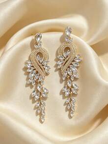 1 par de pendientes colgantes de lujo con borlas largas y ojo de caballo de strass, pendientes de novia de boda de aleación de zinc, joyería formal para banquetes y fiestas de mujeres - Dorado - Ver 3