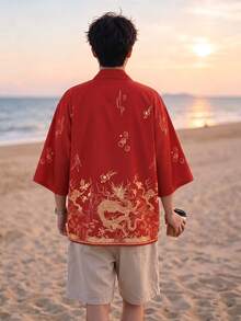 中式吉祥龍圖騰印花開襟夾克襯衫，輕量聚酯纖維，休閒夏季寬鬆版型，浮世繪披肩原宿和服數位印花漢服，易打理 - 紅色 - 查看 4