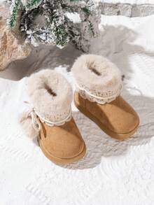 Girls Lace Bow Thermal Lined Snow Boots, Baby Warm Plush Ankle Boots - Brown - View 3