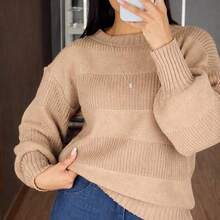 suéter de tricô de listras  Tricô de malha    blusa de tricô  outono ,inverno - Bege - Visão 2