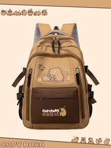 3pcs Cute Capybara Themed Backpack Set, Includes Tote Bag And Pencil Case, Durable Nylon Material, Multi-Pocket Design, Tablet Compartment, Suitable For Daily Commute And School - Multicolor - View 4