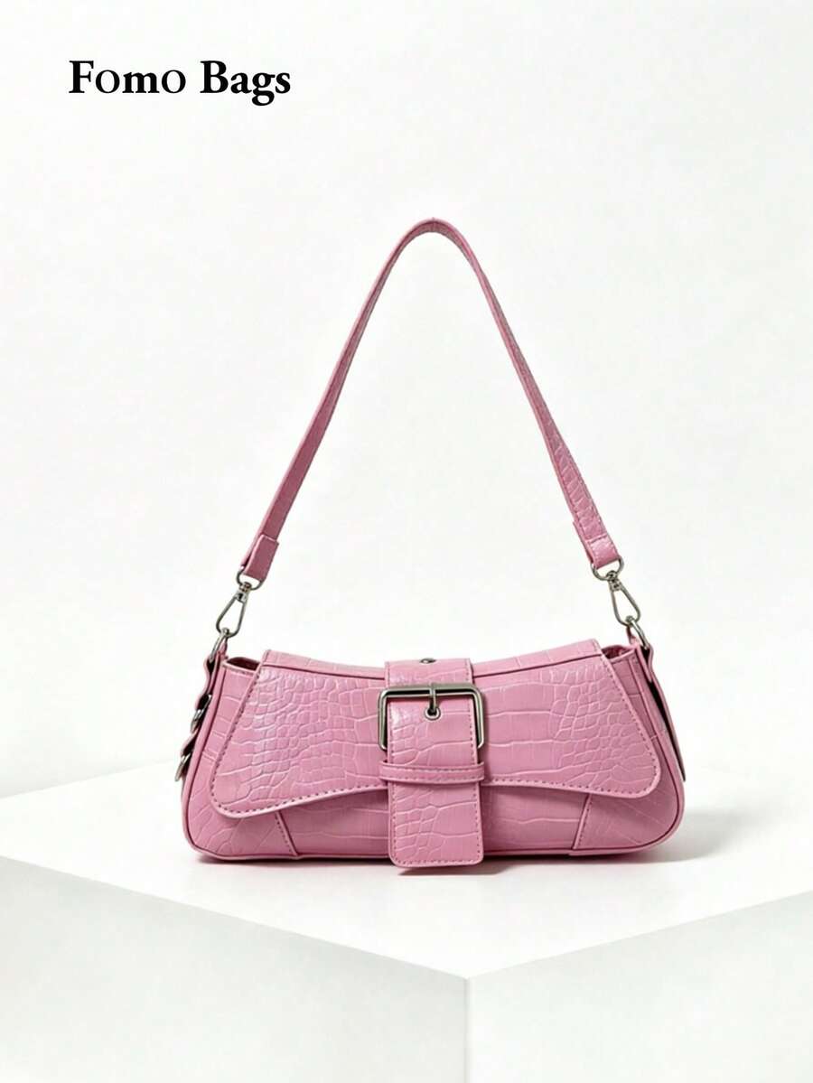 Korean Niche Design Ins Commuter Daily Outing Shopping Sweet Cool Hot Girl Fashionable Modern Metal Chain Shoulder Handbag Vintage Underarm Bag Baguette Bag - Pink - View 1