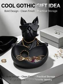 1pc Cool Fashion Glasses French Bulldog Jewelry Tray, Resin Dog Figurine Storage Bowl, Key Coin Trinket Organizer, Desktop Vanity Decor Container, Entrance Table Ornament, Stylish Home Decor & Halloween Decor Gift For Dog Lovers - Multicolor - View 3