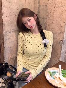 Atasan Lengan Panjang Wanita Motif Polkadot Kasual Serbaguna untuk Sehari-hari, Warna Kuning - Kuning - View 3