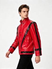 1pc Mike Top Halloween Costume Performance Outfit Red Leather Jacket Cosplay Role Play - Red - View 3