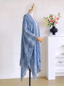 1件優雅花卉刺繡開襟和服式圍裙，波希米亞風春夏外套，海灘度假防曬罩衫，裝飾性刺繡開襟衫，適合日常穿著，完美禮物選擇 - 藍色 - 查看 3