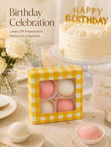 8pcs Yellow Gingham Four Compartment Dessert Box With Clear Window Cute Bakery Gift Packaging For Birthday Parties Celebrations Macarons Mochi Pastries - View 6