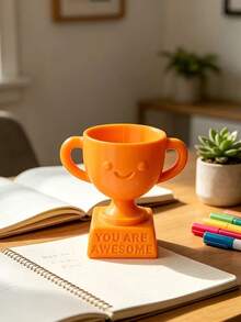 1 Mini Cute Smiling Face Trophy - Novelty Gift Printed With "You're Awesome" - Collectible Figurine For Desks, Offices And Positive Encouragement - Orange - View 2
