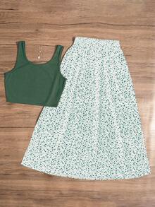 Women's Summer Elegant Vintage Country Vacation Style Solid Color Elegant Beach Dress Black Knit Tank Top Floral Print Skirt Set - Mint Green - View 2