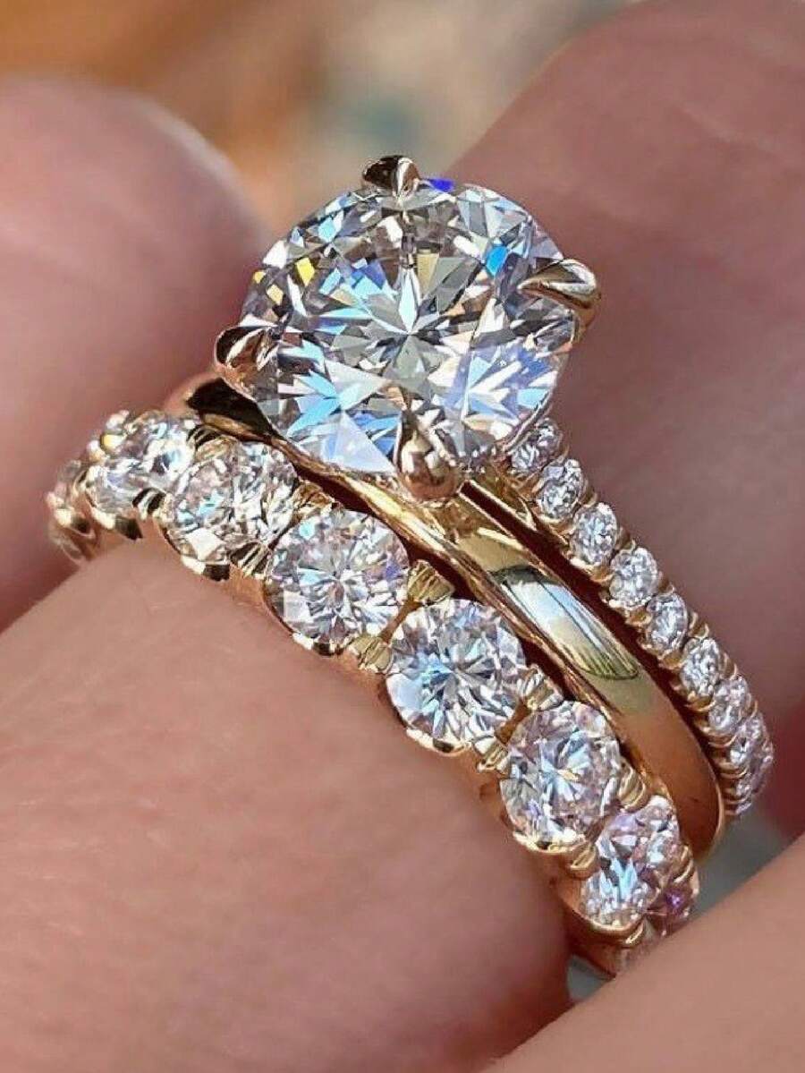 3Pcs Women's Engagement Rings Fashion Wedding Engagement Party Jewelry Anniversary Valentine's Day Birthday Gift - Gold - View 1