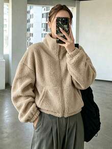 女款優雅秋冬拉鍊羊毛短夾克，時尚春夏新款純色泰迪夾克，休閒戶外上衣，情侶夾克，寬鬆長袖街頭風，健身穿搭，度假，返校，派對穿搭 - 駝色 - 查看 7