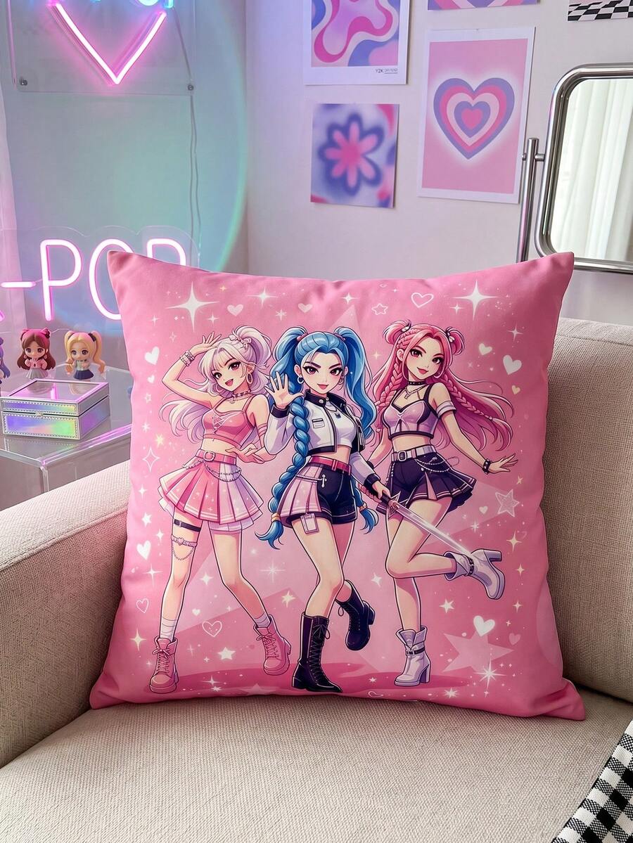 1/2pcs K-POP Pink Print Cushion Cover/Pillowcase (Without Insert), Single-Sided Print, Soft Breathable Skin-Friendly Durable, Home Decor, Dorm Decor, All Season, Machine Washable, Autumn Decor, Dorm Bedding - Multicolor - View 1