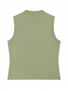 Women's Vintage Military Style Knitted Vest, Front Button-Up Zipper Design, Sleeveless Top - Green - View 5