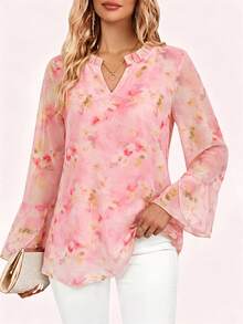 CheersLife Blus Jala Dua Lapis Fashion Wanita, Kemeja Lengan Mengembang dengan Rumbai 3/4 - Coral Pink - View 2