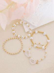 4pcs Minimalist Elegant Faux Pearl Bow Heart Beaded Women's Bracelet Set, Stackable, Suitable For Daily Wear Or Party - White - View 3