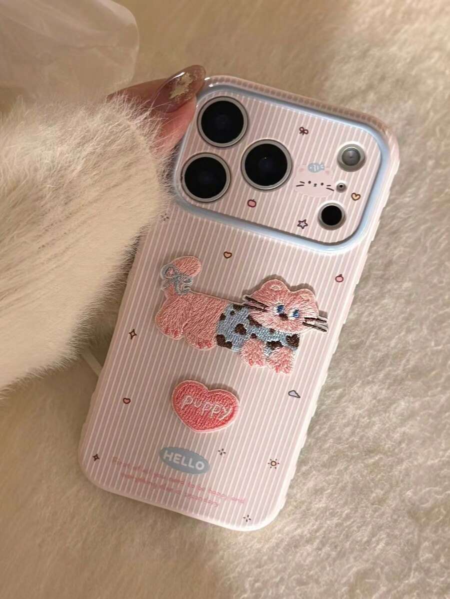 1pc Funny Ins Cartoon Cute Embroidered Cat Pattern Phone Case Compatible With Iphone 15, Apple 17 Pro Max, 14, 16 Pro, 16 Max, Unique And Beautiful Phone Cover, Suitable For Girls, Birthday, Mother's Day Gift - Pink - View 1