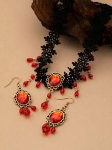 1pc Necklace + 2pcs Earrings Halloween Minimalist Elegant Gothic Hollow Lace Water Drop Tassel Women Jewelry, Suitable For Halloween Party, Banquet And Daily Wear - Cut-out Lace Teardrop Tassel Set - View 6