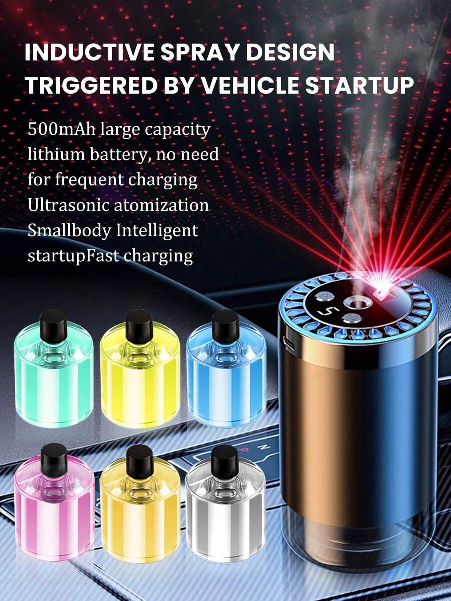 [Car Accessories]Starry Projection Smart Car Air Purifier, 5 Working Modes, Colorful LED Ambient Lighting, Auto Start And Stop, Car Aromatherapy Diffuser, Mini Car Air Humidifier, Essential Oil Diffuser, Adjustable Concentration, Built-In Battery, USB Rechargeable, Suitable For Car, Office, Bathroom, Bedroom, Pet Room, 6 Essential Oil Scents Optional, Multiple Sets Available (1/2/3 Bottles Essential Oil + 1 Diffuser) - Cylindrical - View 1