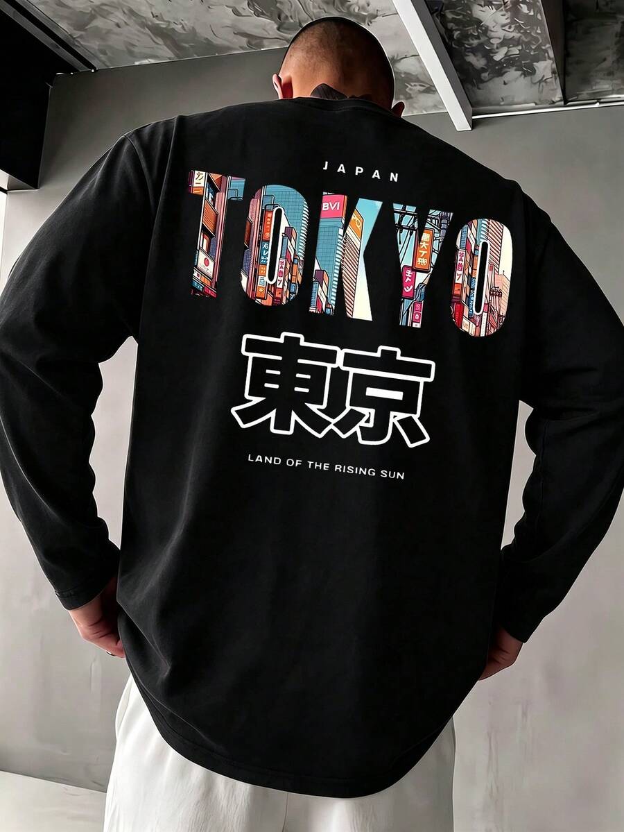 TOKYO Tokyo Street Scene Loose Long Sleeve T-Shirt Men Spring/Autumn Black Japanese Urban Casual Base Layer