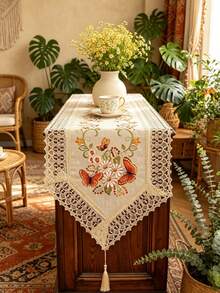 1pc 100% Polyester Vintage Butterfly Floral Embroidered Table Runner, Lace Edge Triangle Table Runner With Tassels, Farmhouse Style Dining Table Decor - Khaki - View 9