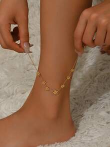 VceTd 1PC Minimalist Romantic Style Stainless Steel Anklet With Flower Decoration, Suitable For Women's Daily Wear Or Beach Vacation - Yellow Gold - View 4