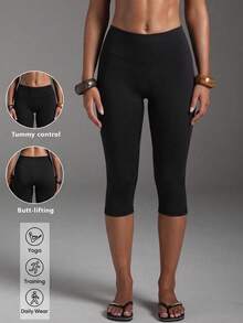 1pc Solid Color Tummy Control Butt Lifting Shaping Mid-Length Sports Shorts Black - Black - View 2