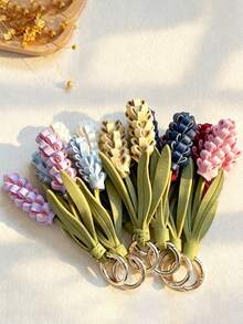 1pc Korean Style Creamy PU Leather Hyacinth Flower Keychain, Gentle Healing Handmade Flower Pendant, Bag Charm, Niche Exquisite Gift - Hyacinth Keychain - View 5