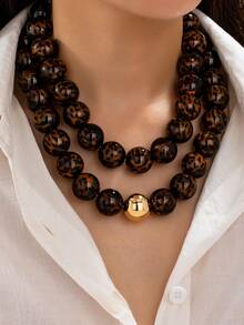 1/2pcs Women's Leopard Print Natural Stone Bead Necklace, Chunky Round Bead Choker Necklace, Animal Pattern Jewelry - Multicolor - View 6