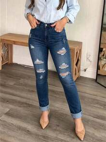 Women's Distressed Stretch Skinny Jeans - Dark Wash - View 2